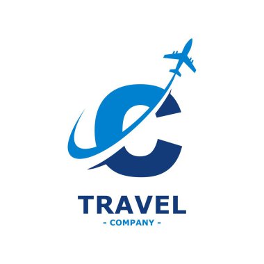 Abstract letter C with plane and airline logo vector sticker. Suitable for business, travel label, tourism, journey posters, flight company advertising, airways identity, and tech transportation