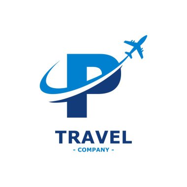 Abstract letter P with plane and airline logo vector sticker. Suitable for business, travel label, tourism, journey posters, flight company advertising, airways identity, and tech transportation