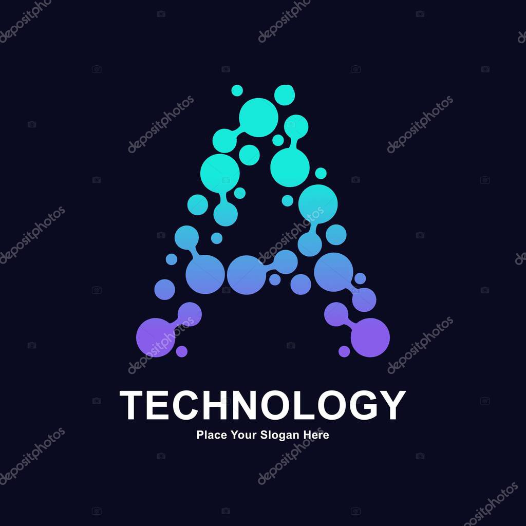 Abstract Letter A with molecule element and dots connection vector logo icon. This for biotechnology molecule atom DNA chip symbol, Medicine, science, technology, laboratory, electronics