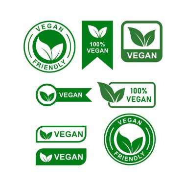 Vegan dostu rozet ikonu seti. Ürün etiketi için uygun
