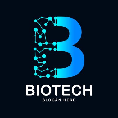 B harfi soyut biyoteknoloji ikon vektör simgesi logosu. Biyoteknoloji molekülü için uygun atom DNA çipi sembolü, Tıp, bilim, teknoloji, laboratuvar,
