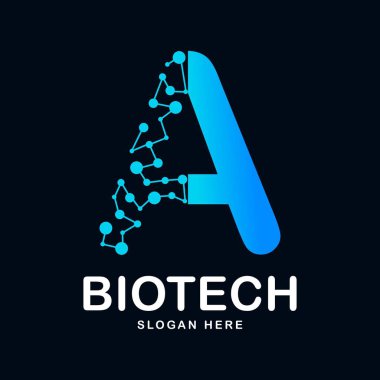 A harfi soyut biyoteknoloji ikon vektör logosu. Biyoteknoloji molekülü için uygun atom DNA çipi sembolü, Tıp, bilim, teknoloji, laboratuvar,
