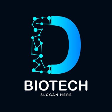 D harfi soyut biyoteknoloji ikon vektör simgesi logosu. Biyoteknoloji molekülü için uygun atom DNA çipi sembolü, Tıp, bilim, teknoloji, laboratuvar,