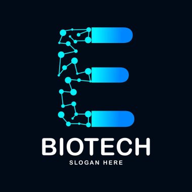E harfi soyut biyoteknoloji ikon vektör logosu. Biyoteknoloji molekülü için uygun atom DNA çipi sembolü, Tıp, bilim, teknoloji, laboratuvar,
