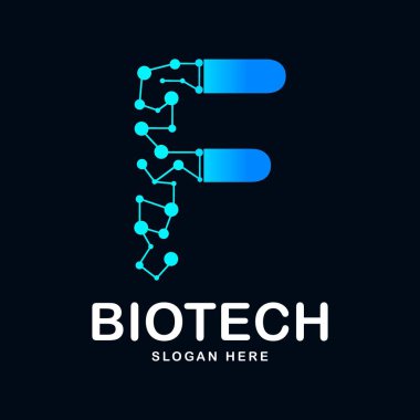 F harfi soyut biyoteknoloji ikon vektör logosu. Biyoteknoloji molekülü için uygun atom DNA çipi sembolü, Tıp, bilim, teknoloji, laboratuvar,