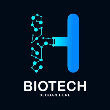 H harfi soyut biyoteknoloji ikon vektör logosu. Biyoteknoloji molekülü için uygun atom DNA çipi sembolü, Tıp, bilim, teknoloji, laboratuvar,