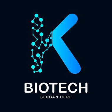 K harfi soyut biyoteknoloji ikon vektör logosu. Biyoteknoloji molekülü için uygun atom DNA çipi sembolü, Tıp, bilim, teknoloji, laboratuvar,