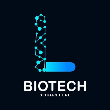 L harfi soyut biyoteknoloji ikon vektör simgesi logosu. Biyoteknoloji molekülü için uygun atom DNA çipi sembolü, Tıp, bilim, teknoloji, laboratuvar,