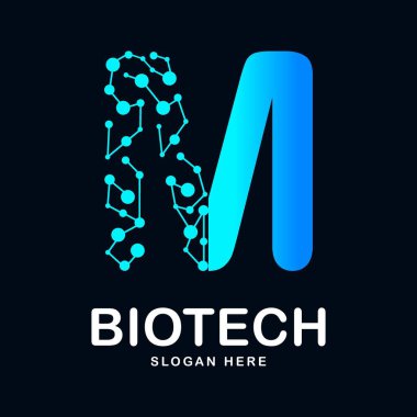 M harfi soyut biyoteknoloji ikon vektör simgesi logosu. Biyoteknoloji molekülü için uygun atom DNA çipi sembolü, Tıp, bilim, teknoloji, laboratuvar,