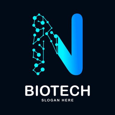 N harfi soyut biyoteknoloji ikon vektör simgesi logosu. Biyoteknoloji molekülü için uygun atom DNA çipi sembolü, Tıp, bilim, teknoloji, laboratuvar,