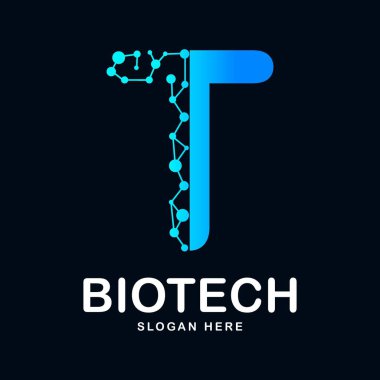 T harfi soyut biyoteknoloji ikon vektör logosu. Biyoteknoloji molekülü için uygun atom DNA çipi sembolü, Tıp, bilim, teknoloji, laboratuvar,