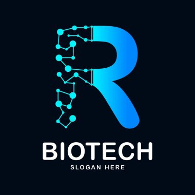 R harfi soyut biyoteknoloji ikon vektör simgesi logosu. Biyoteknoloji molekülü için uygun atom DNA çipi sembolü, Tıp, bilim, teknoloji, laboratuvar,