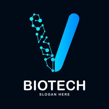V harfi soyut biyoteknoloji ikon vektör logosu. Biyoteknoloji molekülü için uygun atom DNA çipi sembolü, Tıp, bilim, teknoloji, laboratuvar,