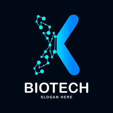 X harfi soyut biyoteknoloji ikon vektör simgesi logosu. Biyoteknoloji molekülü için uygun atom DNA çipi sembolü, Tıp, bilim, teknoloji, laboratuvar,