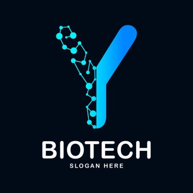 Y harfi soyut biyoteknoloji ikon vektör logosu. Biyoteknoloji molekülü için uygun atom DNA çipi sembolü, Tıp, bilim, teknoloji, laboratuvar,