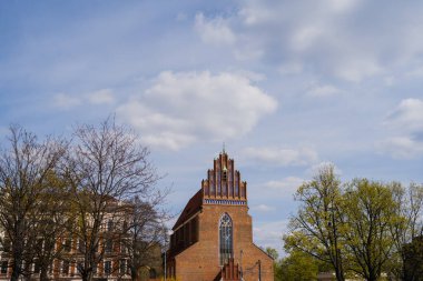 Wroclaw 'daki şehir sokağındaki ağaçların yanındaki eski kilise.