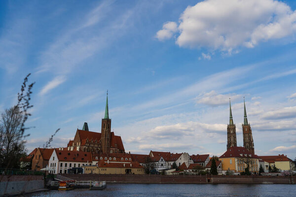 View of Ostrow Tumski and river in Wroclaw