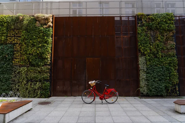 Bicycle near fence with pants on urban street in Wroclaw — Stock Photo