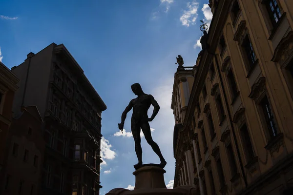 WROCLAW, POLONIA - 18 APRILE 2022: Silhouette su Scherma Fontana con cielo sullo sfondo — Foto stock