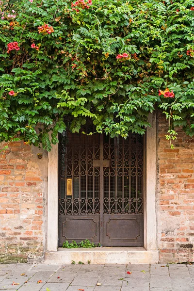 Krásná Malebná Okouzlující Fasáda Budovy Benátkách Itálie Květinami Visícími Nad — Stock fotografie