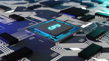 Cpu işlemcisi ve devre kartı konsept resmi, 3d