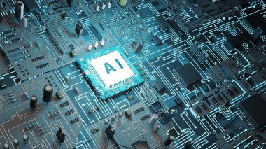 ai işlemci ve devre kartı konsept resmi, 3d