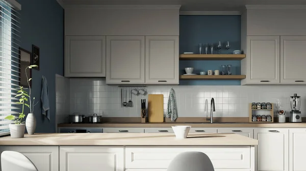 Witte Kleur Muur Houten Vloer Keuken Interieur — Stockfoto