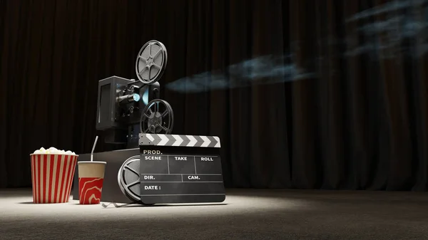 clapper board and movie projector, 3d