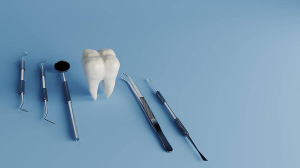 Teeth and dental equipment concept image, 3d rendering