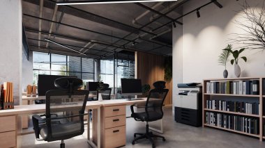 Modern tarz ofis. Beton zemin ve bir sürü pla var.