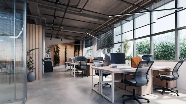modern style Office with exposed concrete Floor and a lot of pla