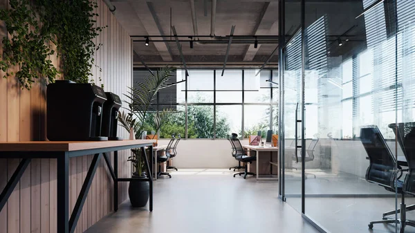 modern style Office with exposed concrete Floor and a lot of pla