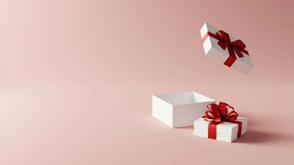 White Gift Box Red Ribbon Pink Background Rendering — стоковое фото