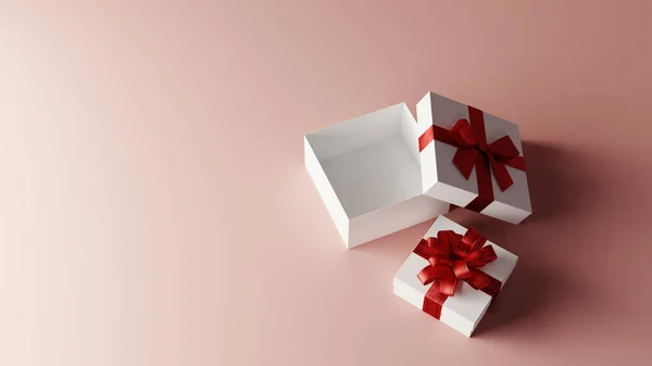 White Gift Box Red Ribbon Pink Background Rendering — Zdjęcie stockowe