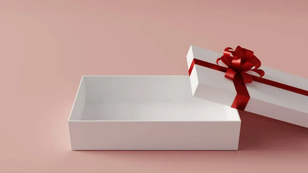 White Gift Box Red Ribbon Pink Background Rendering — Zdjęcie stockowe