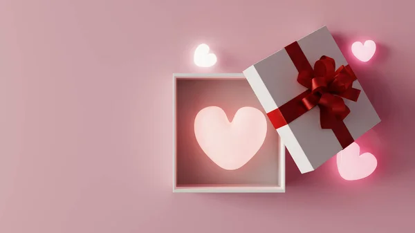 White Gift Box Red Ribbon Pink Background Rendering — Zdjęcie stockowe