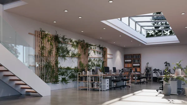 open ceiling office interior with white wall and a lot of plants