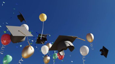 graduate cap in blue sky with balloons, 3d rendering