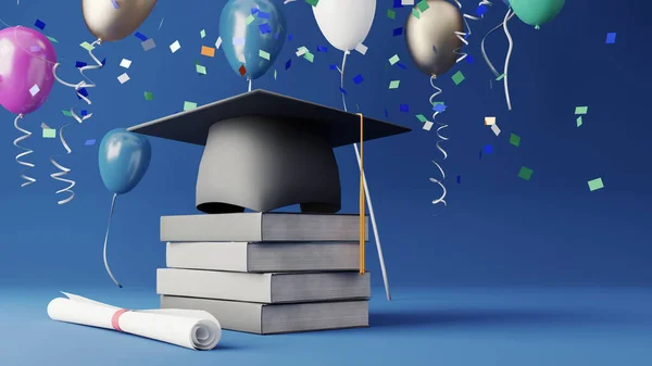 graduate cap with book and balloons, 3d rendering