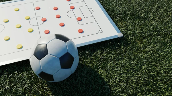 Football tactic board on grass with ball, 3d rendering