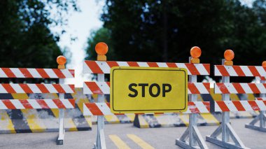 stop sign with traffic barrier on road, 3d rendering