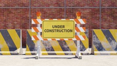 under construction concept, barricades with sign, 3d rendering