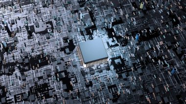 cpu chip on mainboard concept, 3d rendering