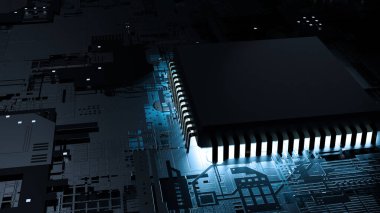 cpu chip on mainboard concept, 3d rendering