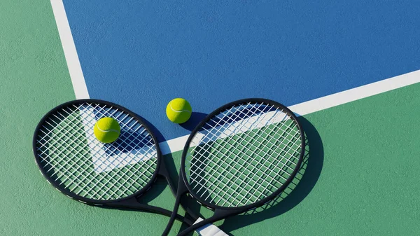 Две Теннисные Ракетки Мяч Корте Рендеринг — стоковое фото