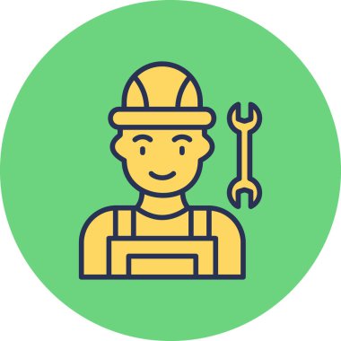 Miğferi ve anahtar ikonu olan bir işçi. vektör illüstrasyonu