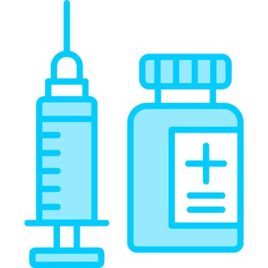 Tıbbi ve sağlık hizmetleri ikonu. Şırınga şişe vektör simgelerinin özet çizimi