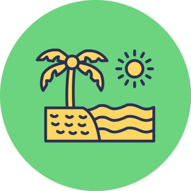 Kumsal, palmiye ve güneş ikonu. vektör illüstrasyonu 