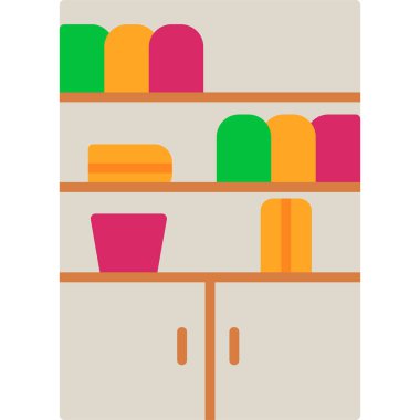 Kitaplarla dolu renkli raflar ve diğer eşyalar. vektör illüstrasyonu