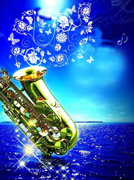 saxophone and music instrument on the blue background